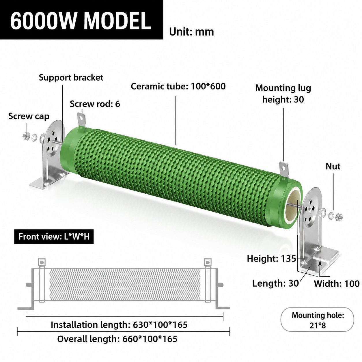 High-Power Corrugated Braking Resistor High-Power Corrugated Braking Resistor — dimensions illustration